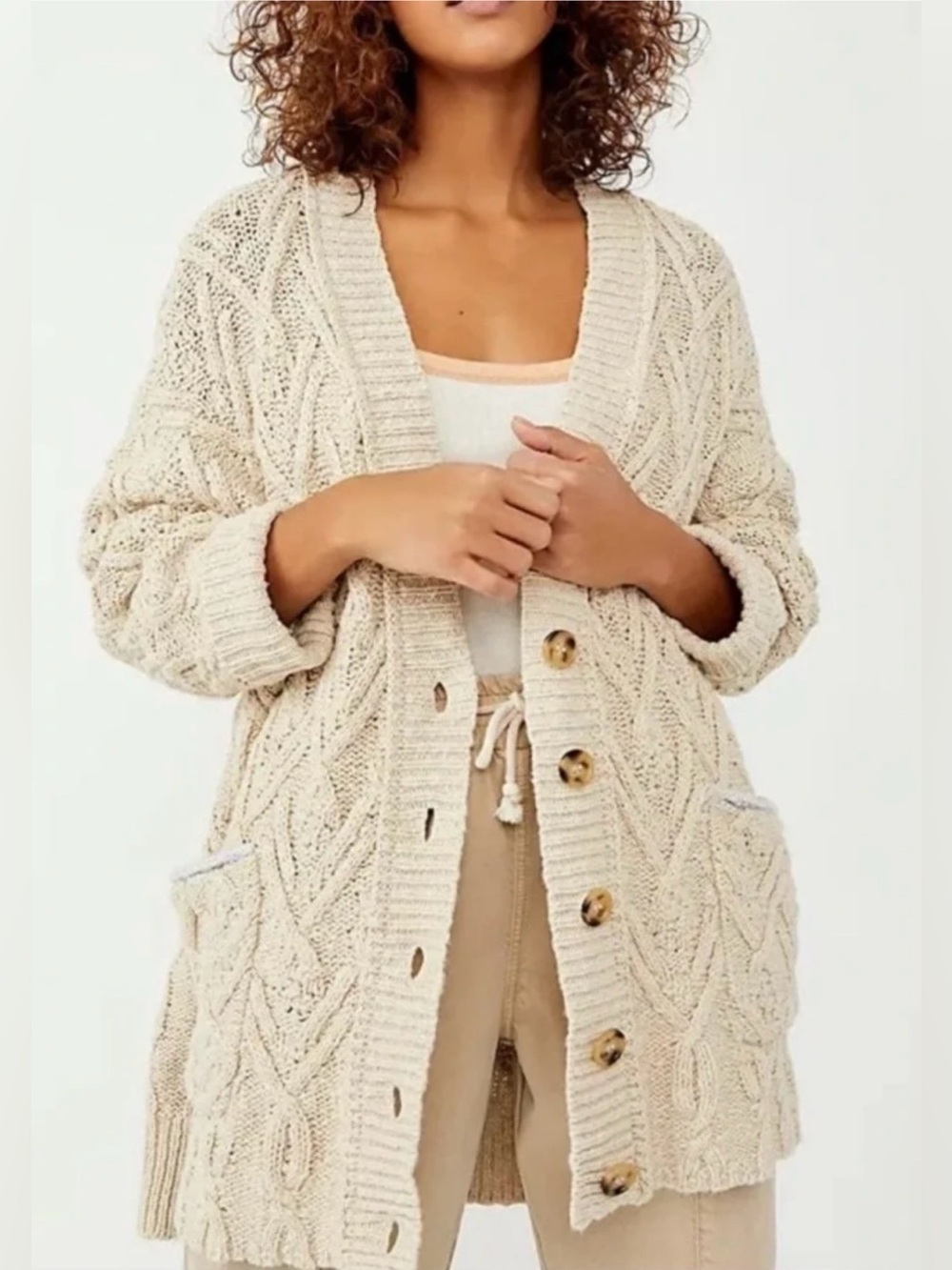Free People Cream Montana Cable Knit Oversized Cardigan